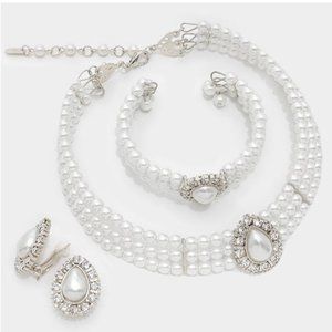 3 Pcs Teardrop Pearl Wedding Pageant Prom Formal Necklace Earrings Jewelry Set